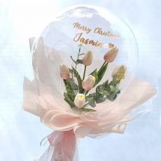 Merry Christmas - 6 Pink Tulips Personalized Bubble Balloon Bouquet Party Wholesale